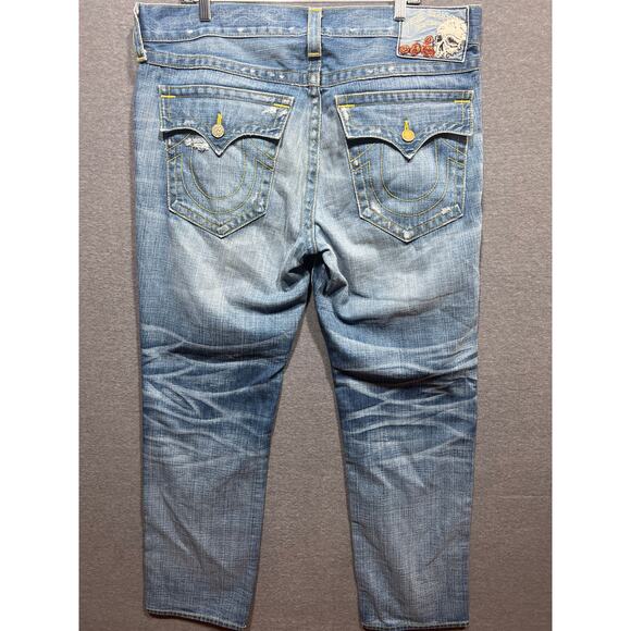 True Religion Billy Skull & Roses Mens Bootcut Distressed Jeans Size 38 - Picture 2 of 10